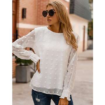 Blooming Jelly Womens Chiffon Blouses Elegant Lantern Long Sleeve Round Neck Tops Pom Pom Shirt (S,White)