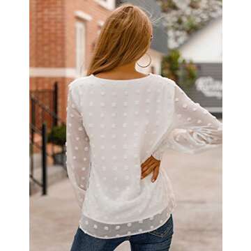Blooming Jelly Womens Chiffon Blouses Elegant Lantern Long Sleeve Round Neck Tops Pom Pom Shirt (S,White)