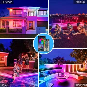 FBZ 60Ft Outdoor Waterproof LED Strip Lights,Music Sync RGB IP65 Led Lights with App Control and Remote,Color Changing Waterproof Led Rope Lights for Outdoor,Balcony,Roof,Garden,Stairs Party