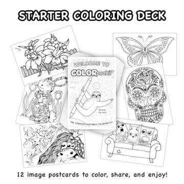 Colorpockit Coloring Kit Travel Art Set with Colored Pencils, 4x6 Coloring Cards, Built in Sharpener, Mess Free Trip Activities for Airplanes or Car, 8.5 x 5, 28 pieces