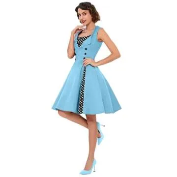 KILLREAL Women's Sleeveless Rockabilly Casual Vintage Party Cocktail Dress with Polka Dot Patchwork Light Blue XXX-Large
