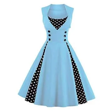 KILLREAL Women's Sleeveless Rockabilly Casual Vintage Party Cocktail Dress with Polka Dot Patchwork Light Blue XXX-Large