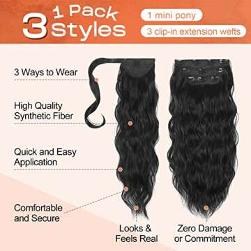 SEIKEA 18" Black Ponytail Extension Set, PT009 Zole 4PCS Long Thick Clip in on Hair Extensions Ponytail Wavy Curly Fuller Soft Natural Synthetic Hairpiece High Wrap Around Ponytail for Women