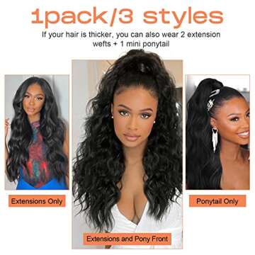 SEIKEA 18" Black Ponytail Extension Set, PT009 Zole 4PCS Long Thick Clip in on Hair Extensions Ponytail Wavy Curly Fuller Soft Natural Synthetic Hairpiece High Wrap Around Ponytail for Women