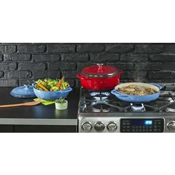 Lodge 3 Quart Enameled Cast Iron Dutch Oven with Lid – Dual Handles – Oven Safe up to 500° F or on Stovetop - Use to Marinate, Cook, Bake, Refrigerate and Serve – Caribbean Blue