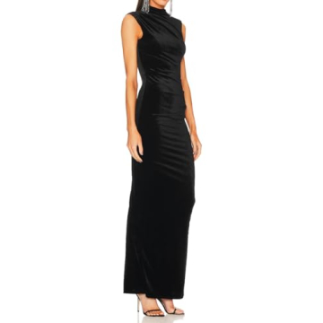 Capuffy Women Backless Velvet Maxi Dress Back Slit Ruched Bodycon Formal Dress High Neck Cocktail Party Dress 091(X-Small,Black)