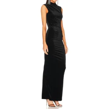 Capuffy Women Backless Velvet Maxi Dress Back Slit Ruched Bodycon Formal Dress High Neck Cocktail Party Dress 091(X-Small,Black)