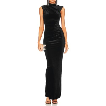 Capuffy Women Backless Velvet Maxi Dress Back Slit Ruched Bodycon Formal Dress High Neck Cocktail Party Dress 091(X-Small,Black)