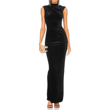 Capuffy Women Backless Velvet Maxi Dress Back Slit Ruched Bodycon Formal Dress High Neck Cocktail Party Dress 091(X-Small,Black)