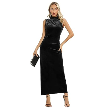 Capuffy Women Backless Velvet Maxi Dress Back Slit Ruched Bodycon Formal Dress High Neck Cocktail Party Dress 091(X-Small,Black)