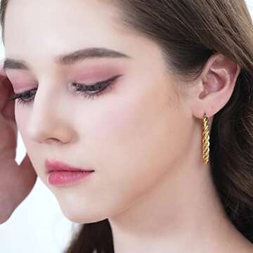 Limerencia Hypoallergenic Pure Titanium Twisted Rope Round Hoop Earrings for Women (35mm Twisted Rope Hoop, Gold Plated)