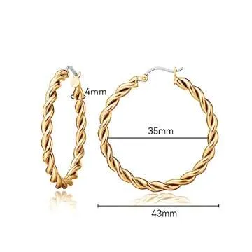 Limerencia Hypoallergenic Pure Titanium Twisted Rope Round Hoop Earrings for Women (35mm Twisted Rope Hoop, Gold Plated)