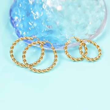 Limerencia Hypoallergenic Pure Titanium Twisted Rope Round Hoop Earrings for Women (35mm Twisted Rope Hoop, Gold Plated)
