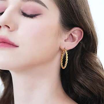 Limerencia Hypoallergenic Pure Titanium Twisted Rope Round Hoop Earrings for Women (35mm Twisted Rope Hoop, Gold Plated)