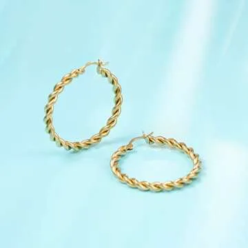 Limerencia Hypoallergenic Pure Titanium Twisted Rope Round Hoop Earrings for Women (35mm Twisted Rope Hoop, Gold Plated)