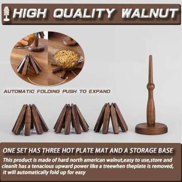 Wooden Trivets for Hot Dishes, Black Walnut Magnetic Trivet, Walnut Tree Table Mat Set, Set of 3 Natural Foldable Wooden Tree Trivet,for Hot Dishes/Pot/Bowl/Teapot/Hot Pot Holders