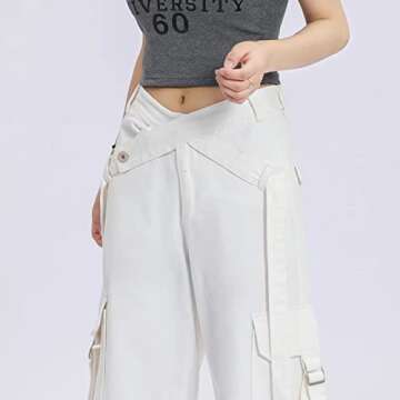 HBER Wide Leg Cargo Jeans for Women High Waist Relaxed Fit Flap Pocket Denim Pants Y2k Boyfriend Baggy Jeans Streetwear, L# White,