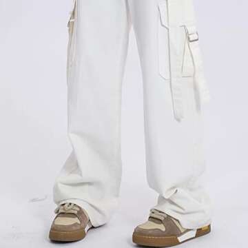 HBER Wide Leg Cargo Jeans for Women High Waist Relaxed Fit Flap Pocket Denim Pants Y2k Boyfriend Baggy Jeans Streetwear, L# White,