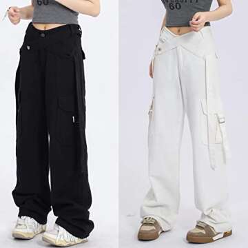 HBER Wide Leg Cargo Jeans for Women High Waist Relaxed Fit Flap Pocket Denim Pants Y2k Boyfriend Baggy Jeans Streetwear, L# White,