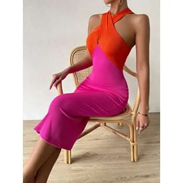 WDIRARA Women's Deep V Neck Cut Out Split Side Backless Midi Bodycon Halter Dress Orange Pink M