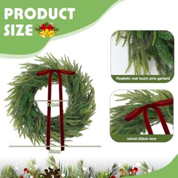 Yuxung 3 Pcs Christmas Norfolk Pine Wreath 20 Inch Artificial Real Touch Norfolk Wreath Winter Farmh...