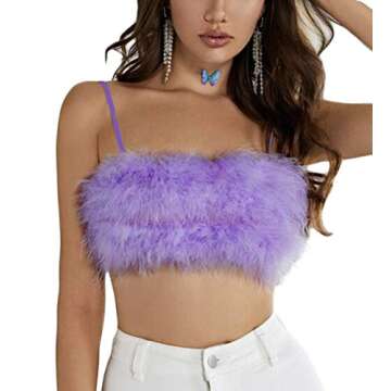 Women Rave Festival Feather Crop Tops Faux Fur Spaghetti Straps Tube Top for Concert Club Party Purp...