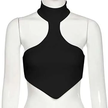 Remidoo Women's Asymmetrical Hem Ribbed Knit Backless Halter Crop Tank Top Black Medium Black Medium