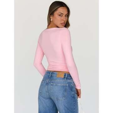 Trendy Queen Womens Going Out Tops Long Sleeve Top Trendy Cute Shirt Y2k Clothing Fall Fashion Clothes 2025 Pink L