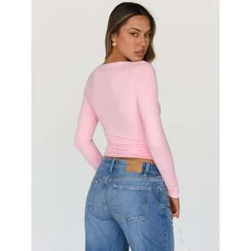 Trendy Queen Womens Going Out Tops Long Sleeve Top Trendy Cute Shirt Y2k Clothing Fall Fashion Clothes 2025 Pink L