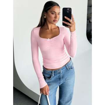 Trendy Queen Womens Going Out Tops Long Sleeve Top Trendy Cute Shirt Y2k Clothing Fall Fashion Clothes 2025 Pink L