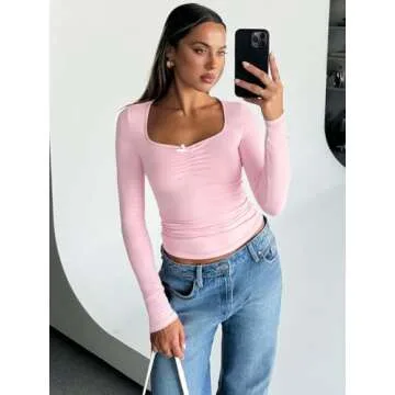 Trendy Queen Womens Going Out Tops Long Sleeve Top Trendy Cute Shirt Y2k Clothing Fall Fashion Clothes 2025 Pink L