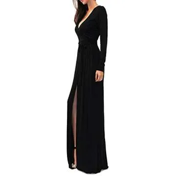 Vivicastle Women's USA Sexy Long Sleeve Tulip Wrap Slit Front Full Long Maxi Dress (Small, Black)