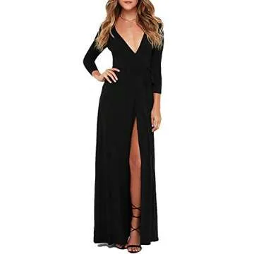 Vivicastle Women's USA Sexy Long Sleeve Tulip Wrap Slit Front Full Long Maxi Dress (Small, Black)
