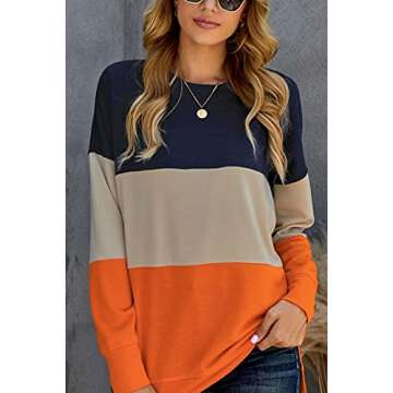 SMENG womens long sleeve tops crewneck fashion fall clothes orange sweatshirt women color block casual striped clothing lightweight teen shirts orange L