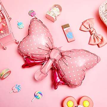 Hicarer 6 Pcs Pink Bow Balloon 35 Inch and 15 Inch Polka Dot Foil Balloons Pink Bow Decorations for Birthday Wedding Theme Party Decorations