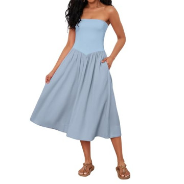 Livtany Women Off Shoulder Midi Dress Strapless Sleeveless Drop-Waist A Line Tube Dress Trendy Summe...