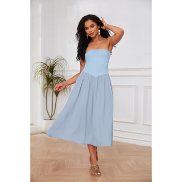 Livtany Women Off Shoulder Midi Dress Strapless Sleeveless Drop-Waist A Line Tube Dress Trendy Summer Swing Patchwork Dress Blue