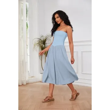Livtany Women Off Shoulder Midi Dress Strapless Sleeveless Drop-Waist A Line Tube Dress Trendy Summer Swing Patchwork Dress Blue