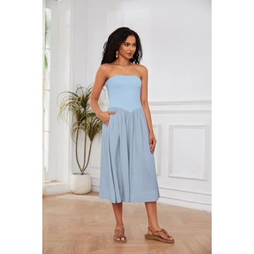 Livtany Women Off Shoulder Midi Dress Strapless Sleeveless Drop-Waist A Line Tube Dress Trendy Summer Swing Patchwork Dress Blue