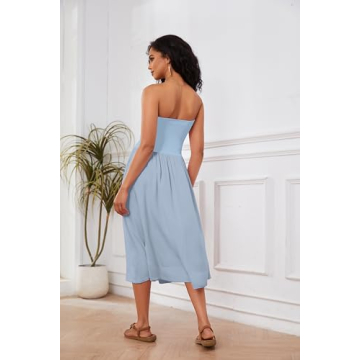 Livtany Women Off Shoulder Midi Dress Strapless Sleeveless Drop-Waist A Line Tube Dress Trendy Summer Swing Patchwork Dress Blue
