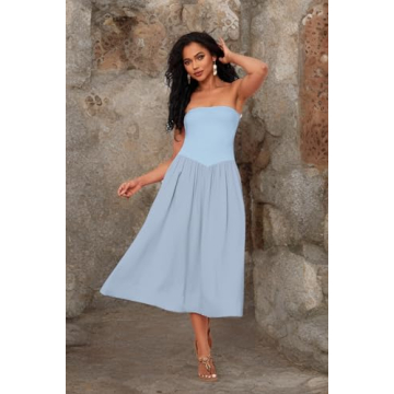 Livtany Women Off Shoulder Midi Dress Strapless Sleeveless Drop-Waist A Line Tube Dress Trendy Summer Swing Patchwork Dress Blue