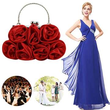 Goclothod Flower Inlaid Silk Evening Bag Shiny Rhinestone Wedding Clutch Handbag Purse Red