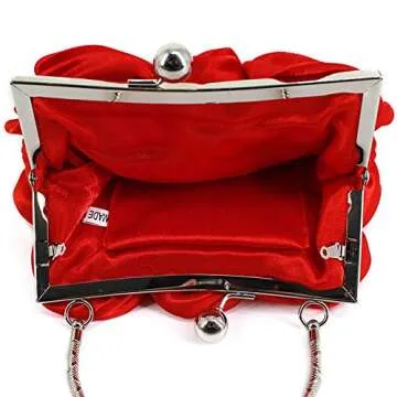 Goclothod Flower Inlaid Silk Evening Bag Shiny Rhinestone Wedding Clutch Handbag Purse Red