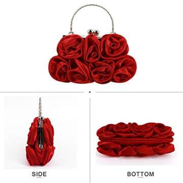 Goclothod Flower Inlaid Silk Evening Bag Shiny Rhinestone Wedding Clutch Handbag Purse Red