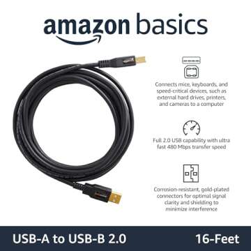 Amazon Basics USB-A to USB-B 2.0 Cable for Printer or External Hard Drive, Gold-Plated Connectors, 16 Foot, Black