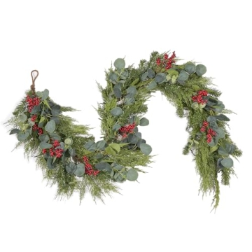 WBHome 6ft Pre-lit Real Touch Mixed Eucalyptus and Cedar Prelit Christmas Garland with Red Berries W...