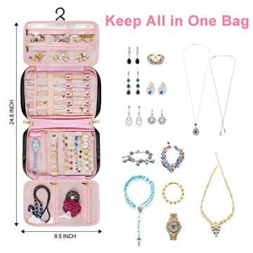 MATEIN Jewelry Travel Organizer, Tangle Free Necklace Storage Bag for Women Hanging Travel Case with Handle for Jewelry Accessories Faux Leather Clutch Bag for Earrings, Rings, Bracelets, Black