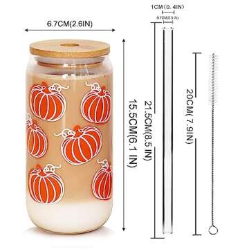 ANOTION Cute Iced Coffee Glass Cups, 18oz Pumpkin Tumbler Set - 4 Packs Fall Mug with Lids and Straws - Fall Wedding Gifts, Thanksgiving Decor, Family Gifts
