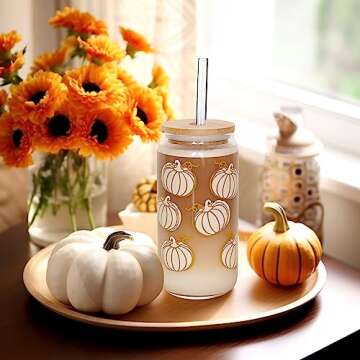 ANOTION Cute Iced Coffee Glass Cups, 18oz Pumpkin Tumbler Set - 4 Packs Fall Mug with Lids and Straws - Fall Wedding Gifts, Thanksgiving Decor, Family Gifts