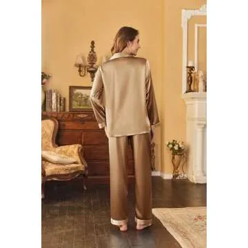 Ekouaer Women's Classic Button Down Long Satin Silk Pajama Set,Large,Deep Brown